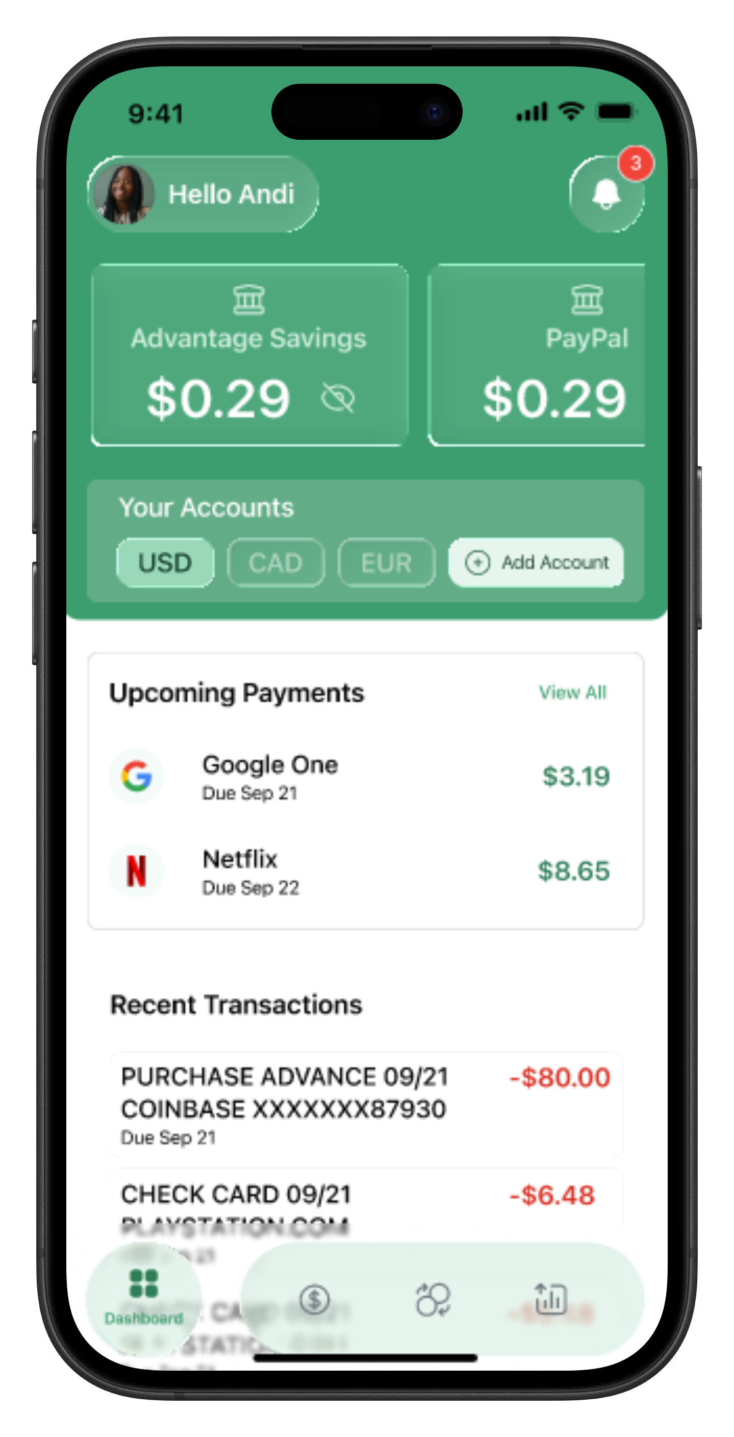 Dashboard Screenshot from the Dollar Knight app